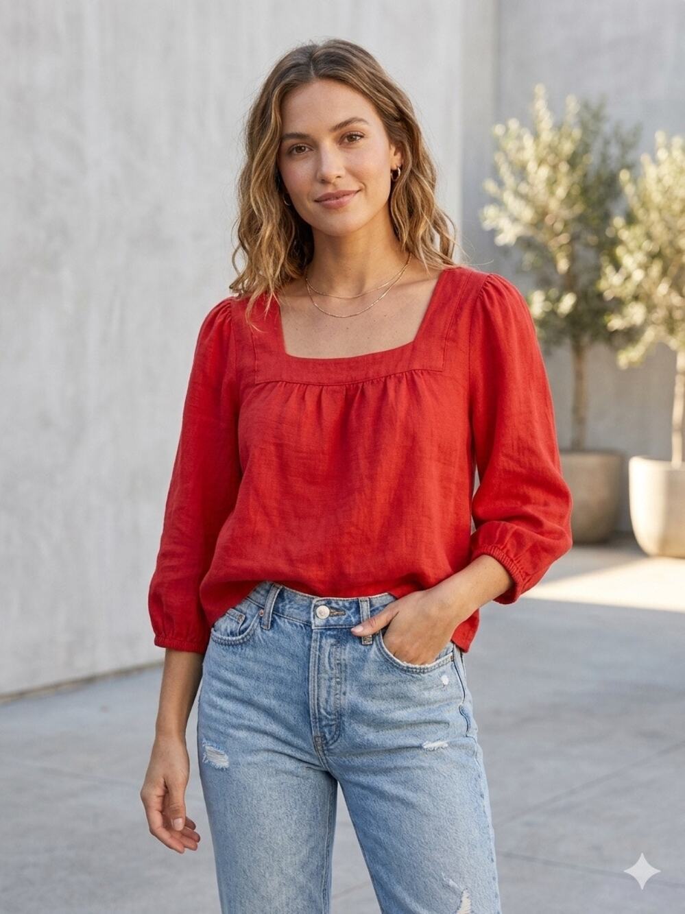 Bellaombra Women's red linen boho-style peasant cropped blouse Size Small boho